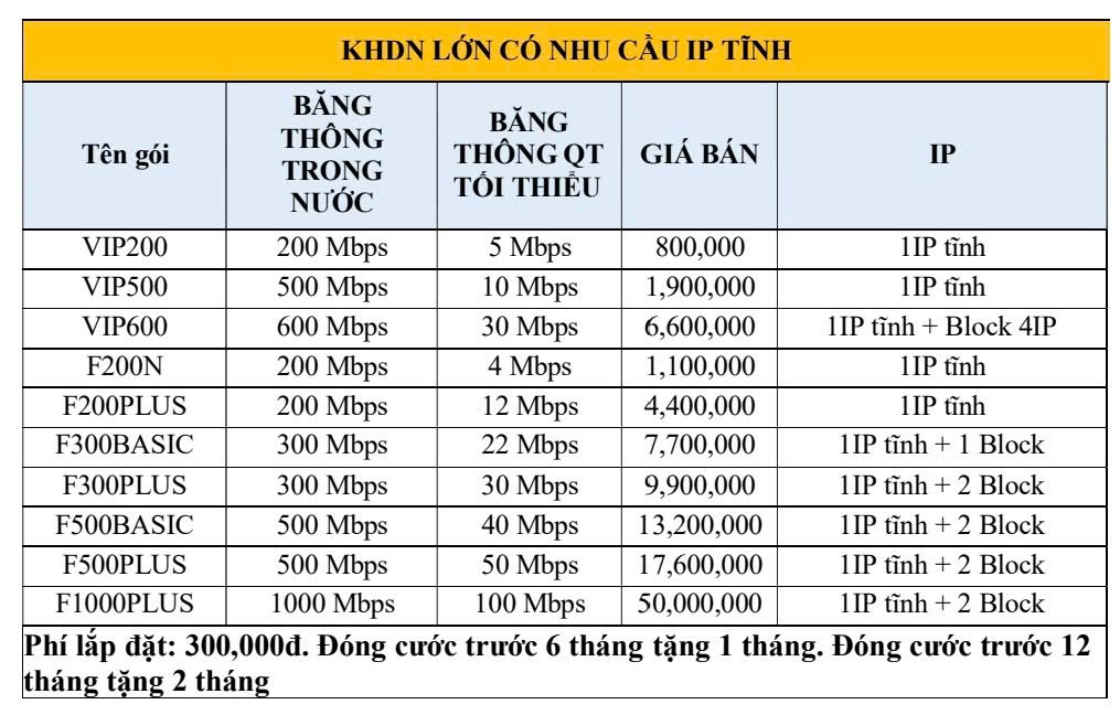 Gói VIP500 - Internet doanh nghiệp IP tĩnh